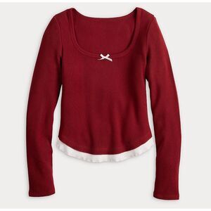 Junior's Madden Girl LS Scoop Neck XL Top With Ruffle Hem & Bow Trim #1